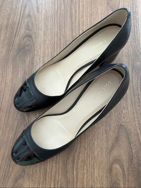 Cole Haan Black Leather Ballet Heels with Gloss Cap Toe